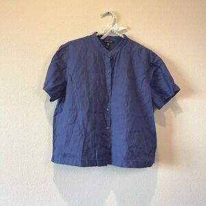 Eileen Fisher Linen Navy Blue Short-Sleeve Button-Down Shirt